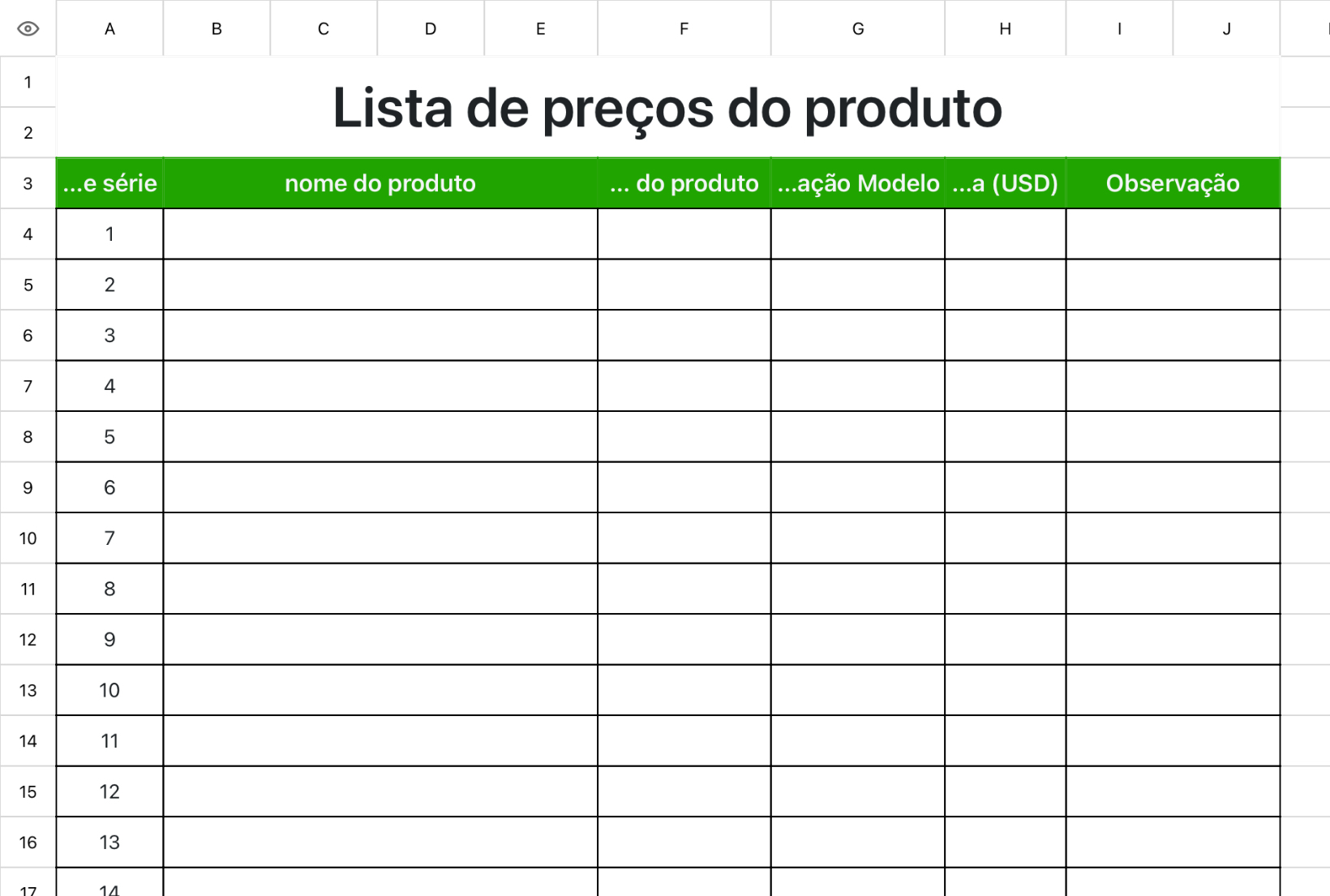 Lista de preços de produtos frescos verdes